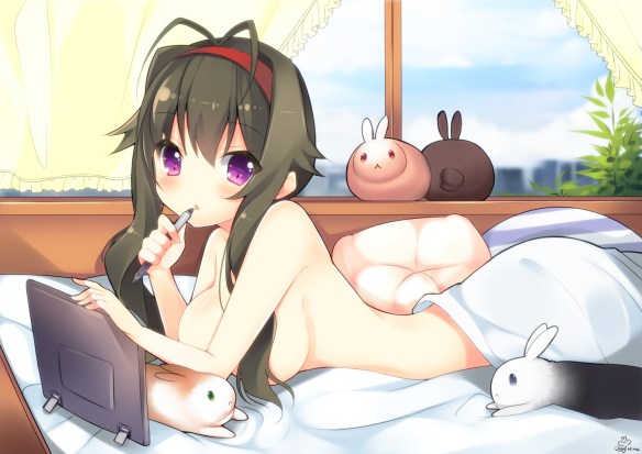 Konachan.com - 154104 bed black_hair blush breasts bunny duji_amo long_hair nude original purple_eyes tagme