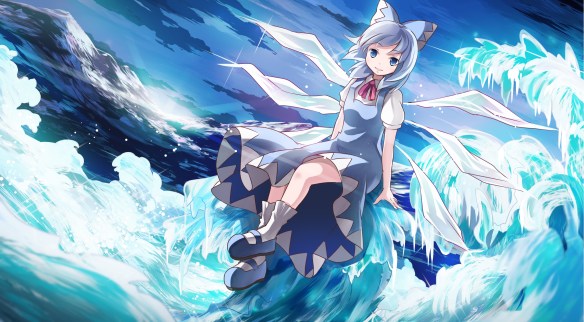 Konachan.com - 166866 blue_eyes blue_hair bow cirno dress risutaru short_hair socks touhou water wings
