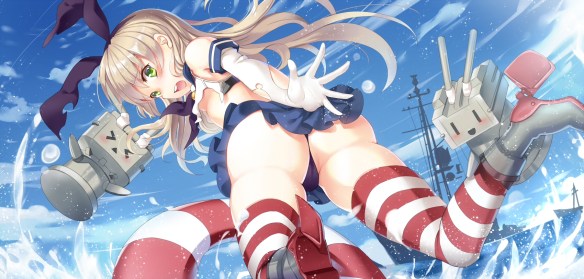 Konachan.com - 176450 ass blonde_hair elbow_gloves green_eyes headband kantai_collection long_hair panties philomelalilium skirt thighhighs underwear water